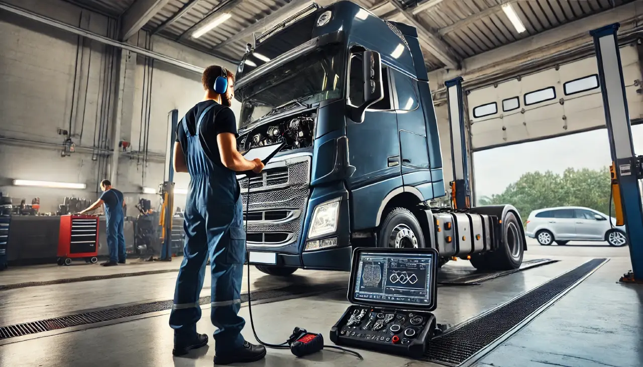 Diesel mechanic running diagnostics on a heavy truck in the bay